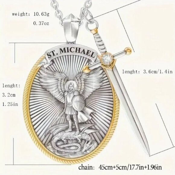 Saint Michael Sword and Shield Pendant and Necklace Silver and Gold Tone NWT - Picture 2 of 4
